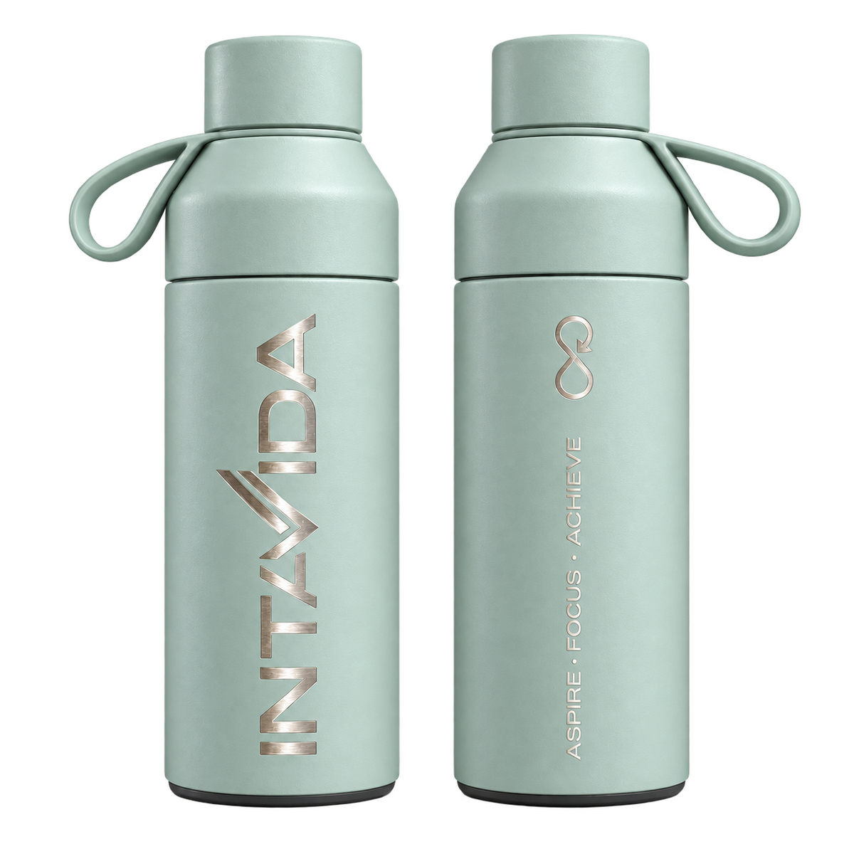 INTAVIDA Original 500ml bottle in Shale Green, showing the engraved logo and Aspire. Focus. Achieve. mantra.