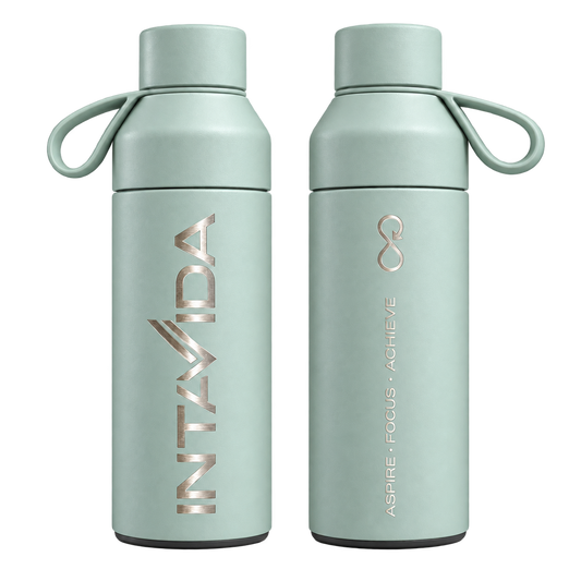 INTAVIDA Original 500ml bottle in Shale Green, showing the engraved logo and Aspire. Focus. Achieve. mantra.